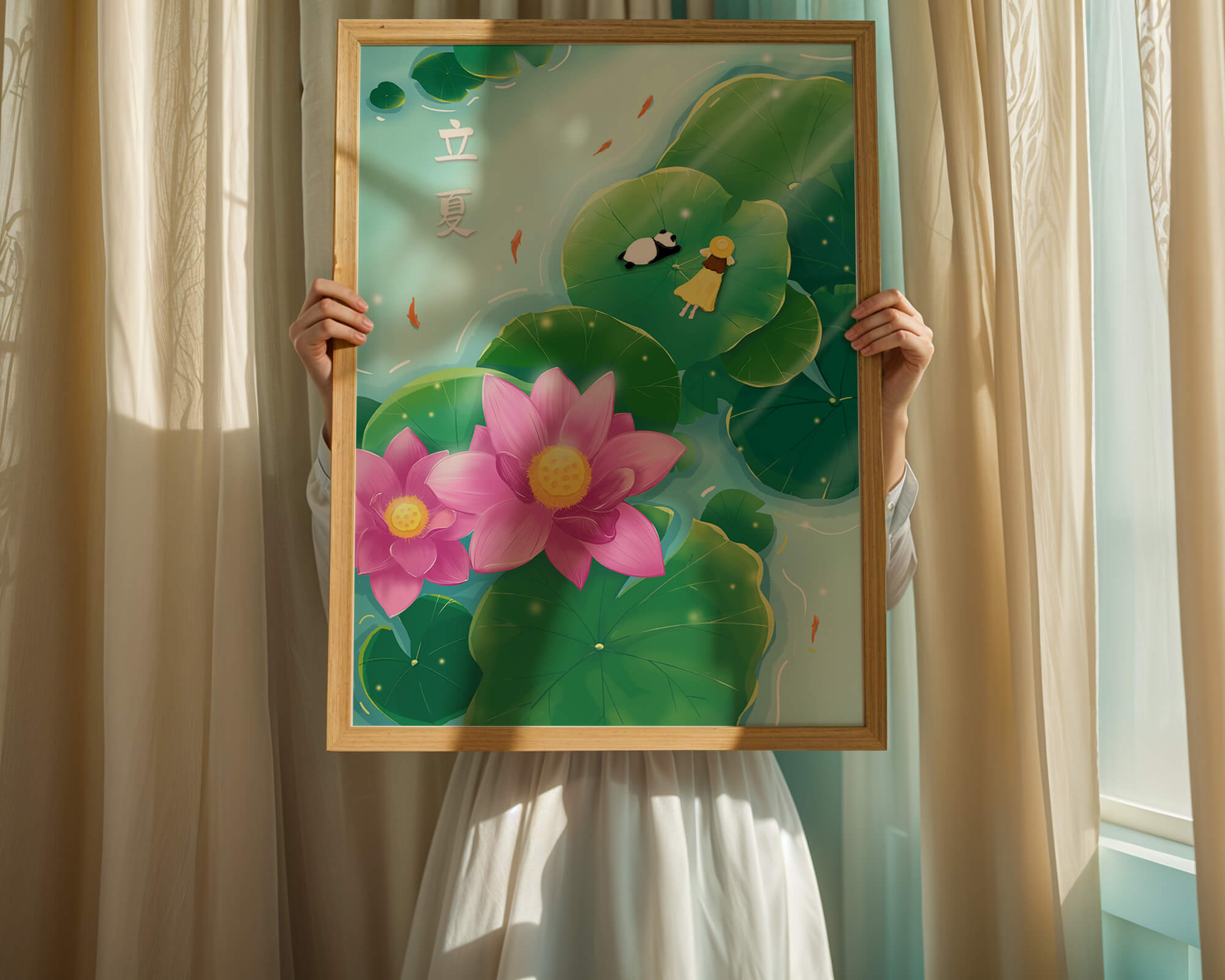 Girl and Panda Relaxing on Lily Pads with Pink Lotus and Goldfish