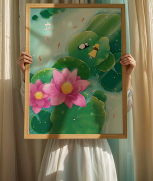 Girl and Panda Relaxing on Lily Pads with Pink Lotus and Goldfish