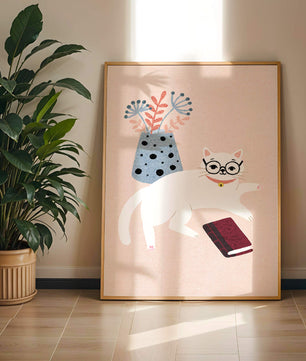 Illustration of playful cat with book and floral vase