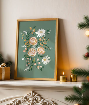 Floral illustration with roses and daisies on green background