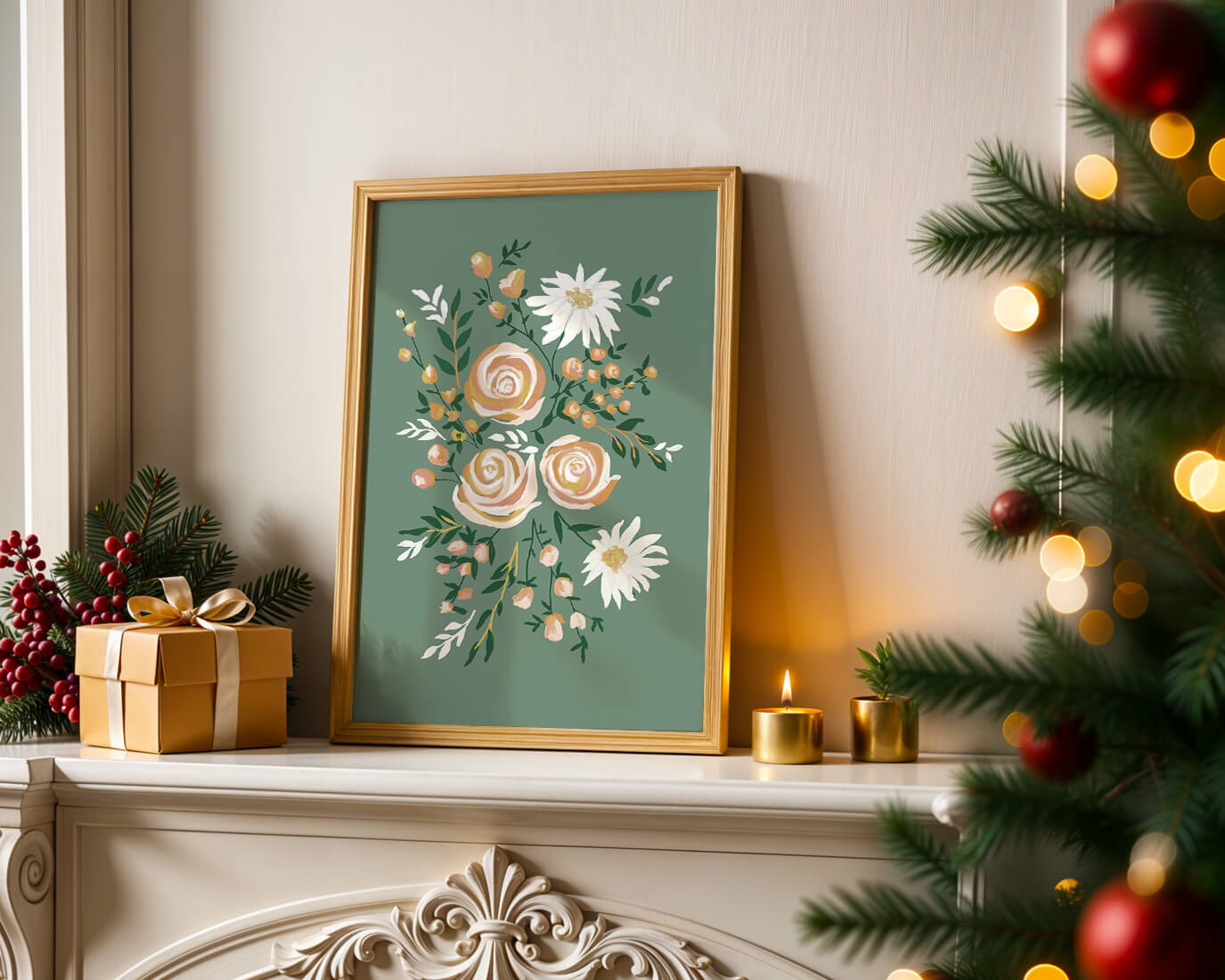 Floral illustration with roses and daisies on green background