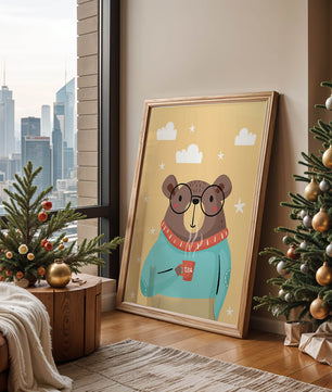 Illustration of a bear with glasses holding a tea cup against a starry background
