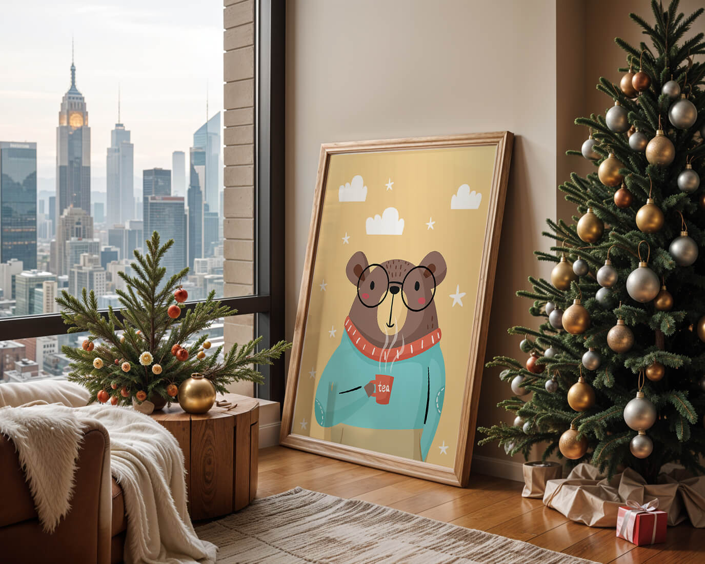 Illustration of a bear with glasses holding a tea cup against a starry background