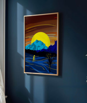 Paisaje surrealista con una puesta de sol vibrante y silueta