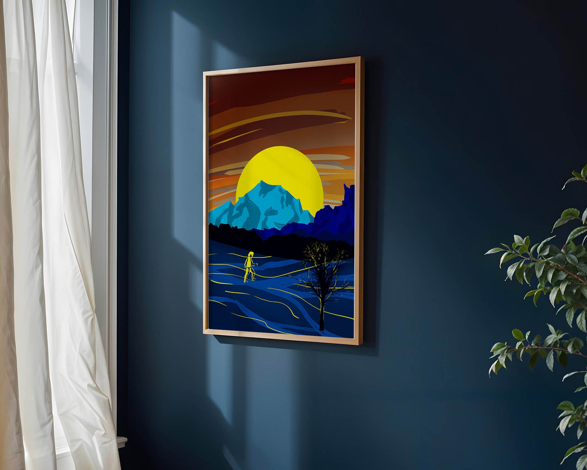Surreal landscape with a vibrant sunset and silhouette