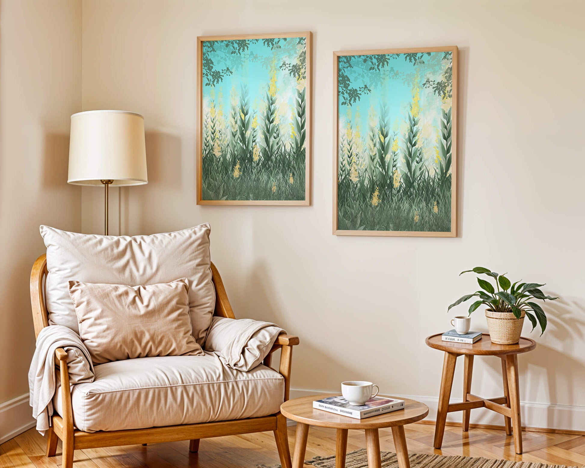 Jardín sereno con hojas verdes altas y flores amarillas bajo el cielo azul