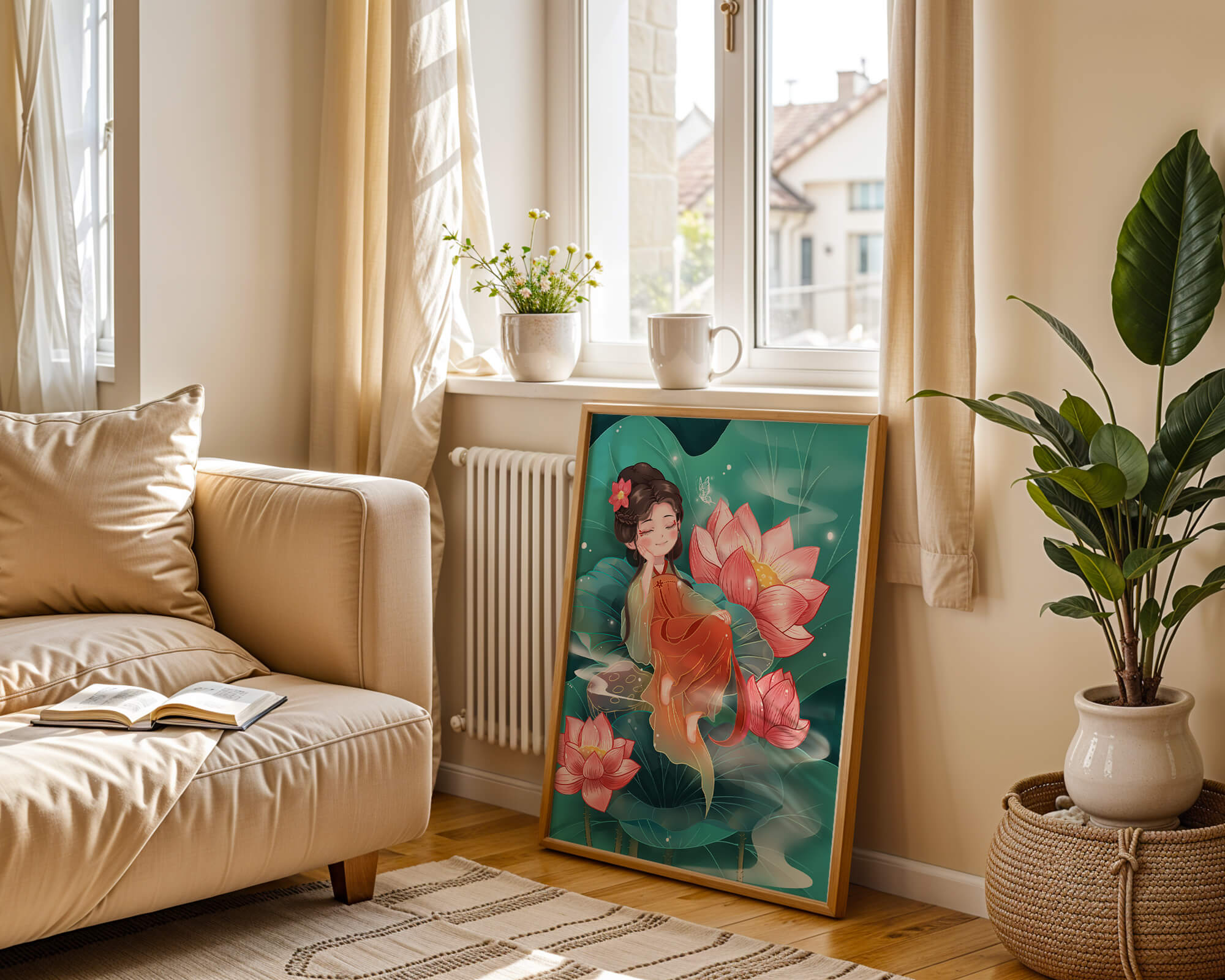 Charming illustration of a girl resting amidst lotus flowers