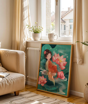 Charmante illustration d'une fille se reposant parmi des fleurs de lotus