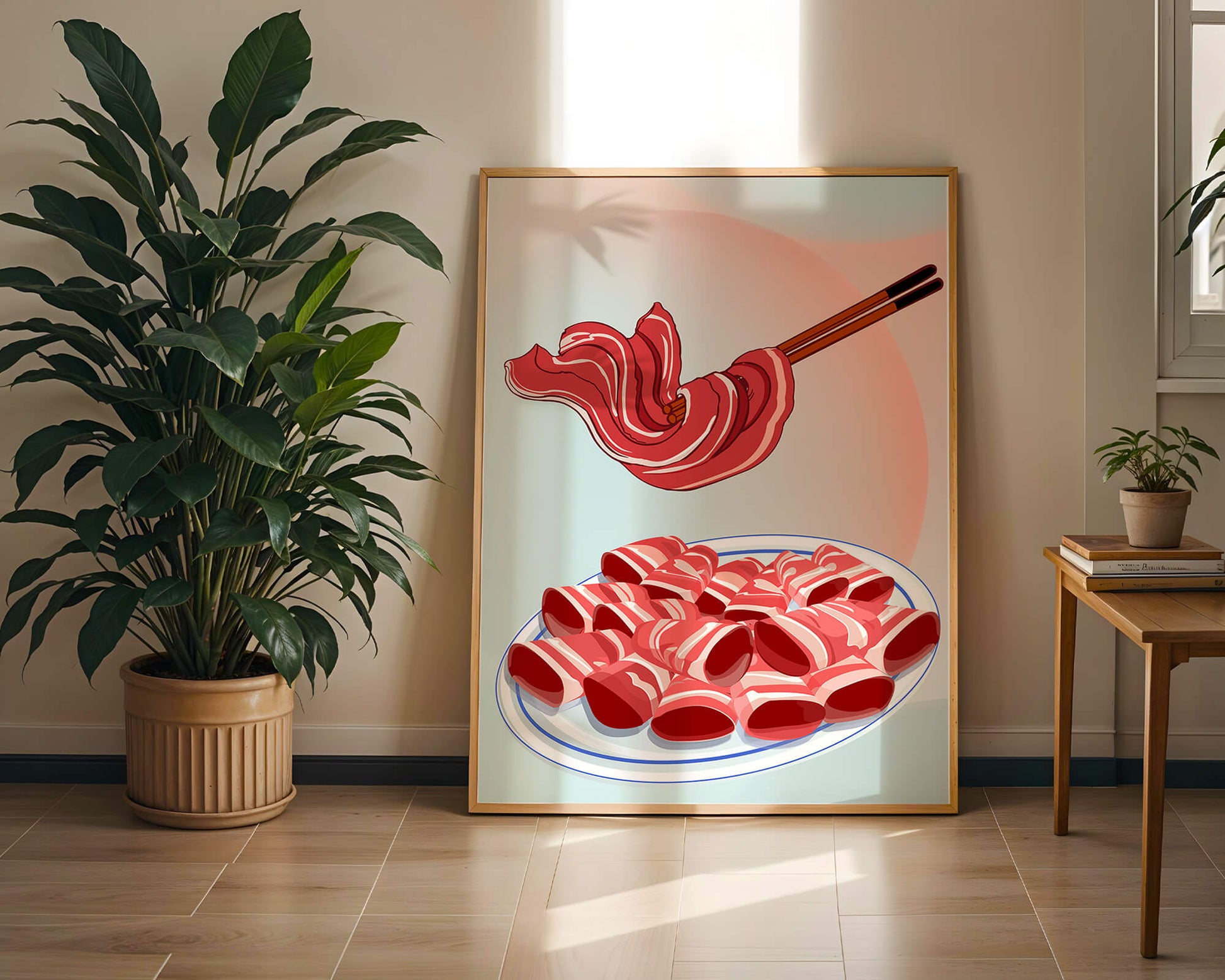 Delicious raw meat slices on plate with chopsticks in background