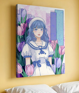 Illustration d'une fille en robe de marin parmi des tulipes avec une palette de couleurs pastel