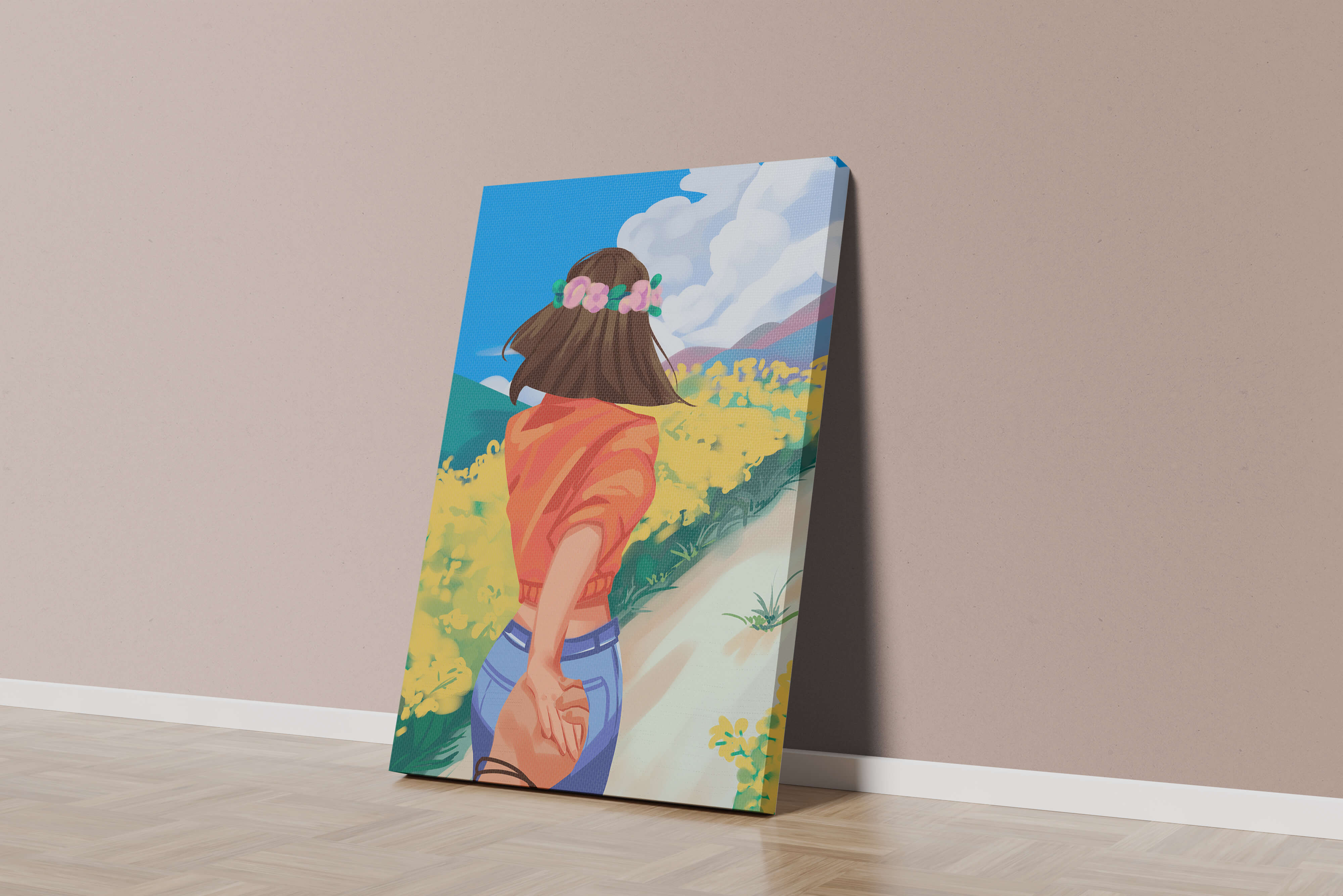 Woman in Nature with Floral Headband and Holding Hands on a Sunny Day