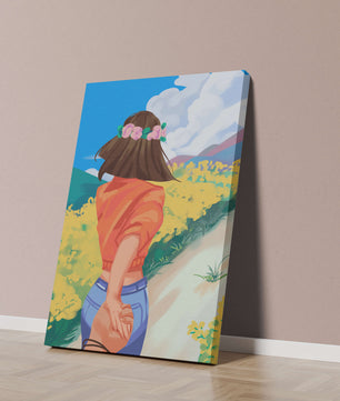 Woman in Nature with Floral Headband and Holding Hands on a Sunny Day