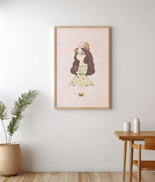 Ilustración encantadora de una niña con vestido y sombrero floral