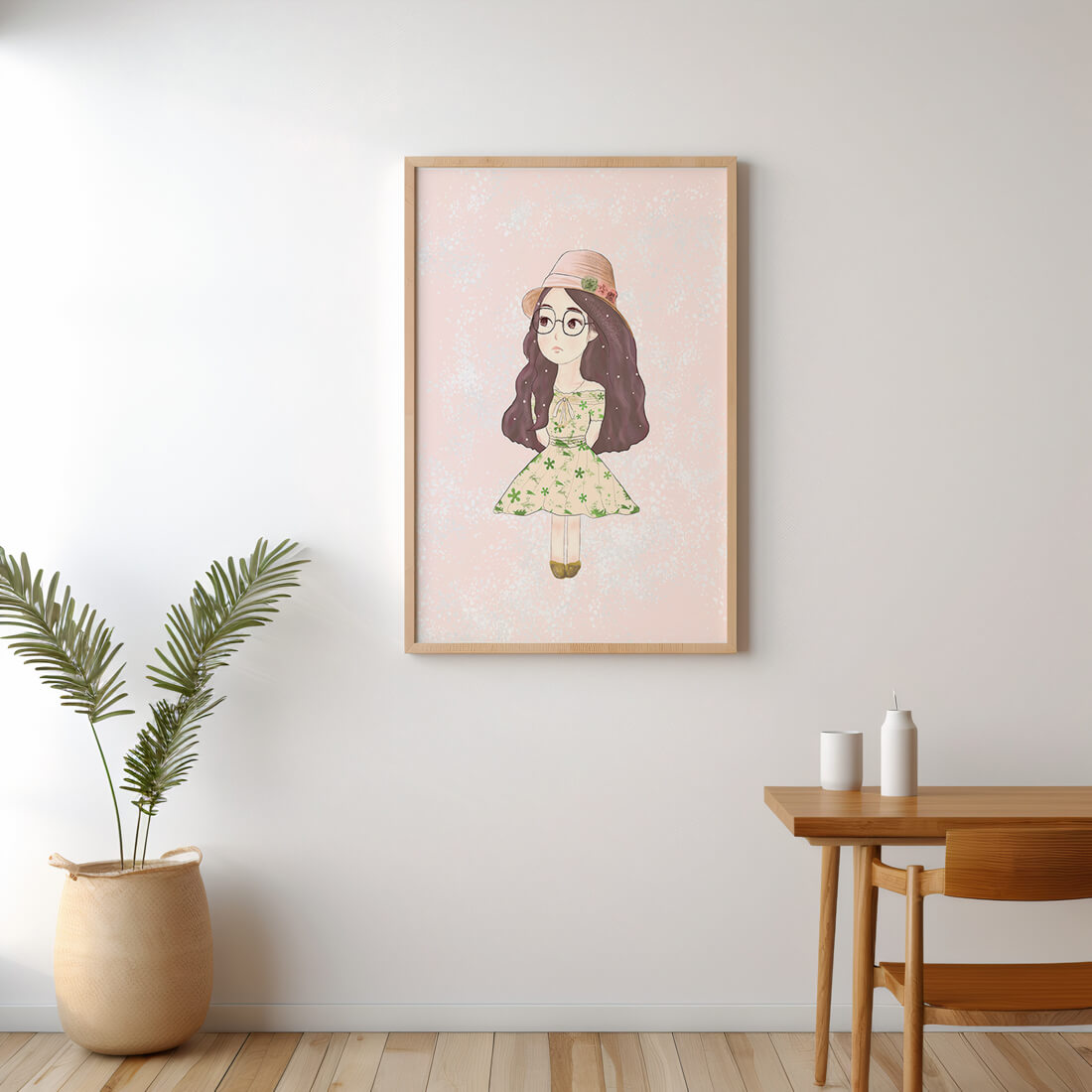 Charming illustration of a girl in a floral dress and hat