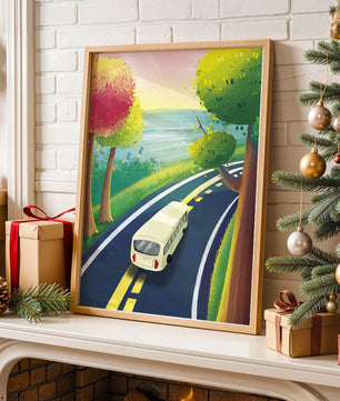 Scenic Road Trip with Vibrant Trees and Sunset