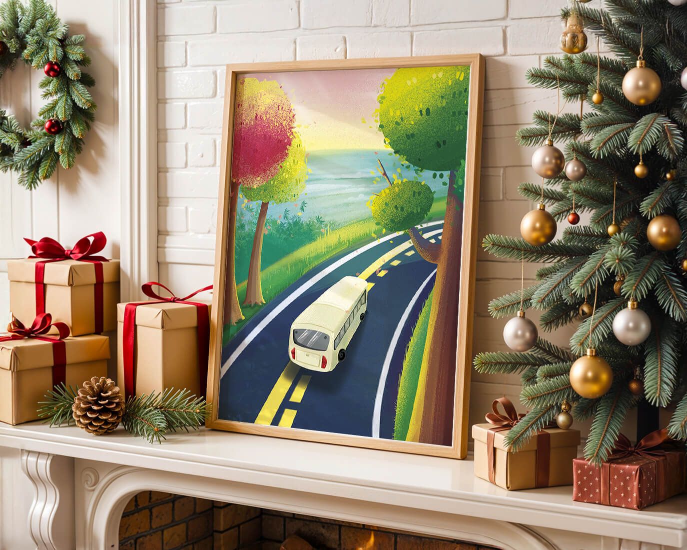 Scenic Road Trip with Vibrant Trees and Sunset