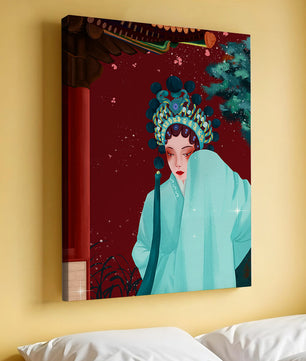 Traditional Asian art with elegant woman in traditional attire