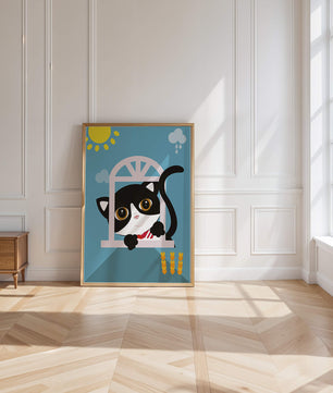 Charming black and white cat peeking through window under bright sun