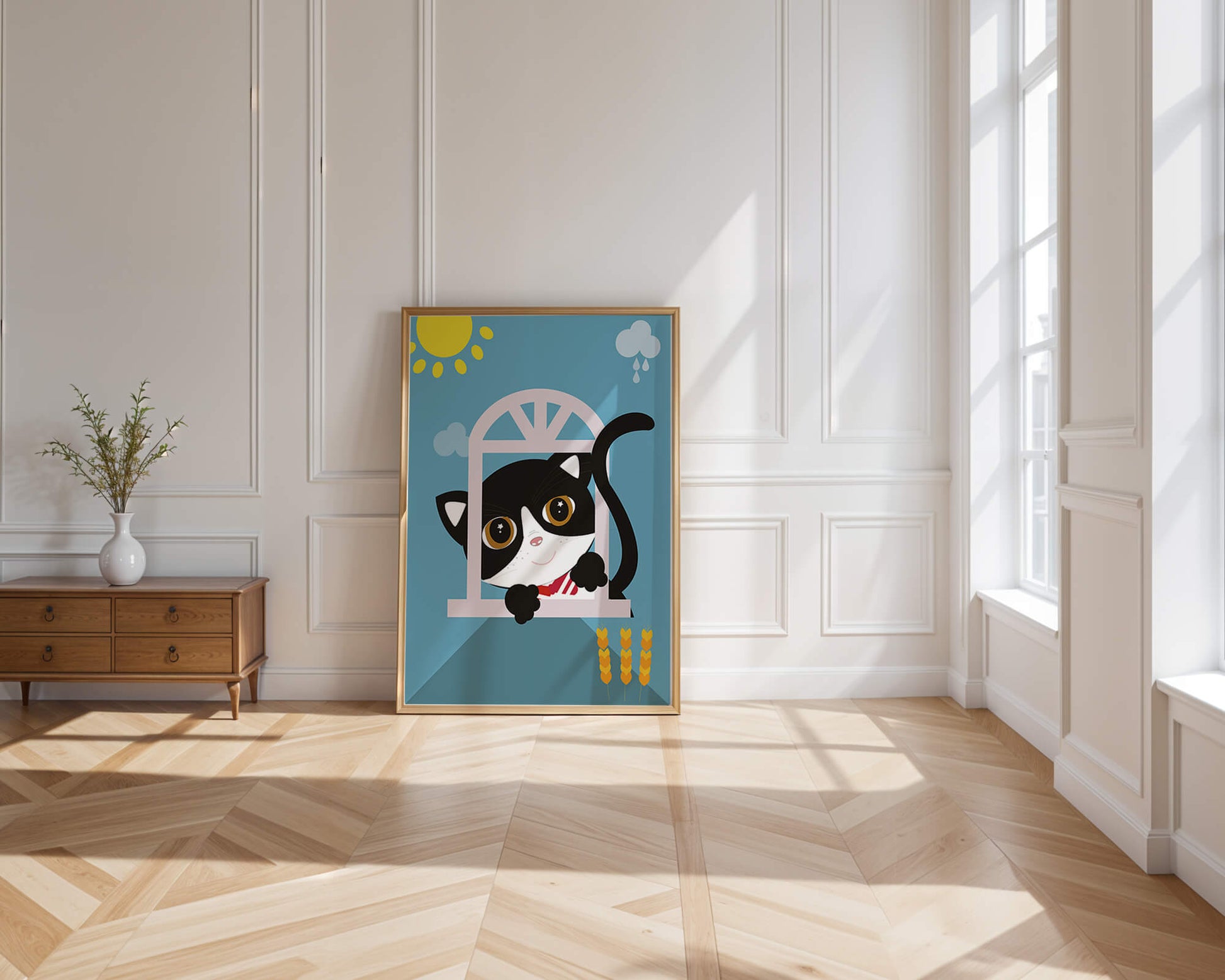 Un encantador gato blanco y negro se asoma por la ventana bajo el sol brillante.