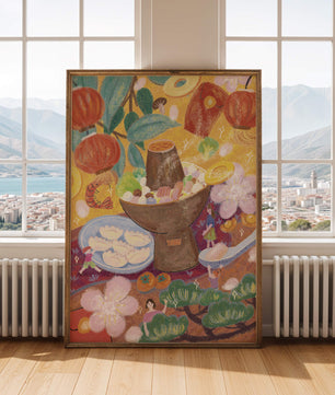 Ilustración del festival de comida asiática colorida con linternas y flores
