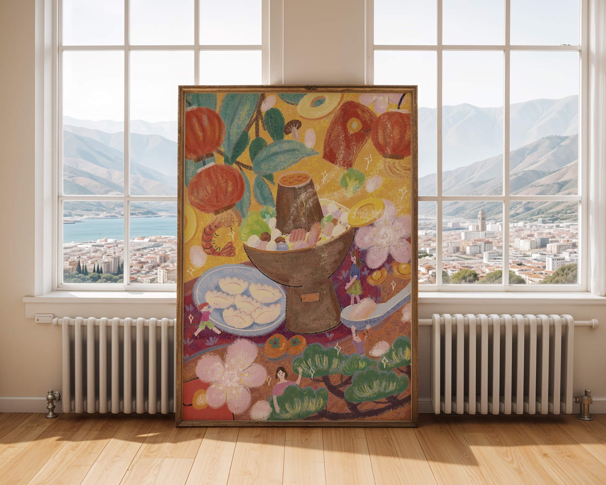 Ilustración del festival de comida asiática colorida con linternas y flores