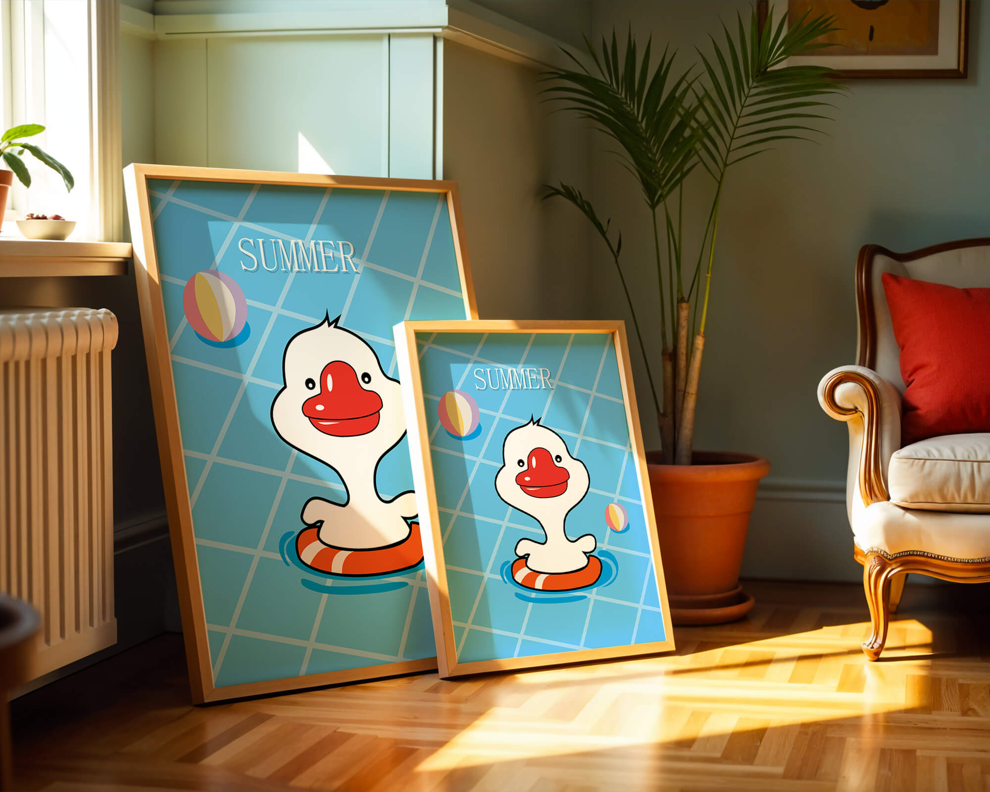 Cartoon duck swimming in a pool with summer beach elements