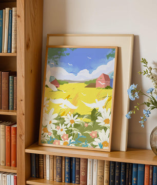 Summer Landscape with Birds and Flowers in a Pastoral Setting