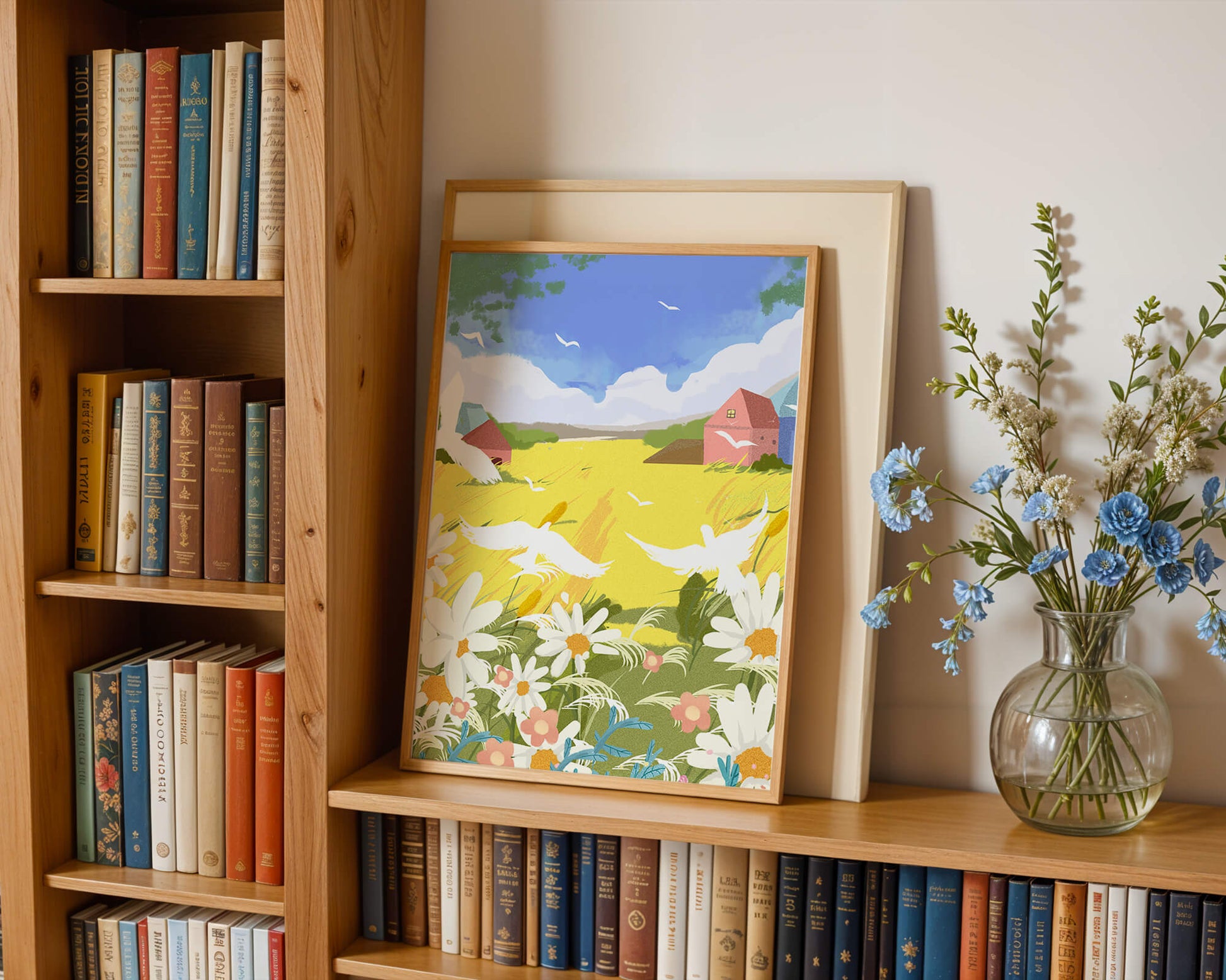 Summer Landscape with Birds and Flowers in a Pastoral Setting