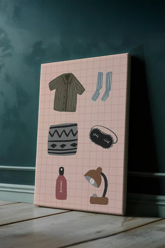 Cozy essentials collection with home and sleep items illustration
