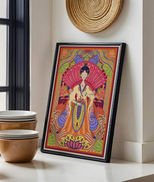 Ilustración oriental colorida con motivos de peces koi y loto
