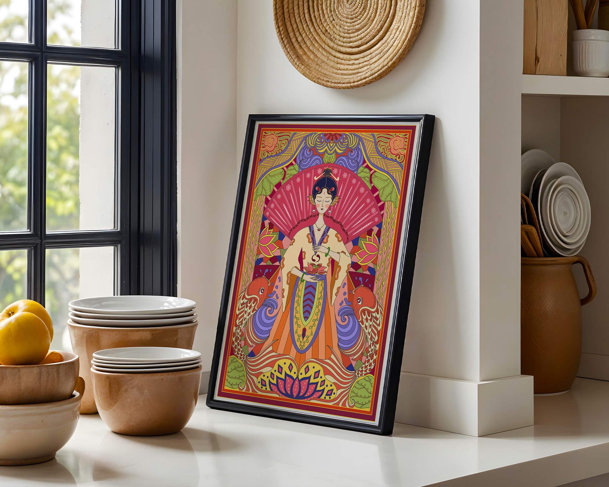 Ilustración oriental colorida con motivos de peces koi y loto