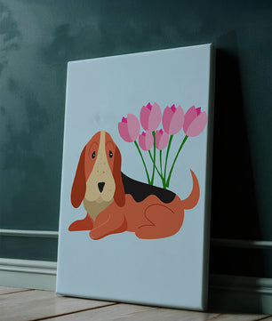 Illustration eines Basset Hound mit rosa Blumen auf hellblauem Hintergrund