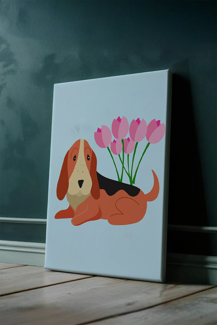 Illustration eines Basset Hound mit rosa Blumen auf hellblauem Hintergrund