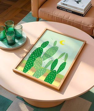Desert cactus illustration with crescent moon