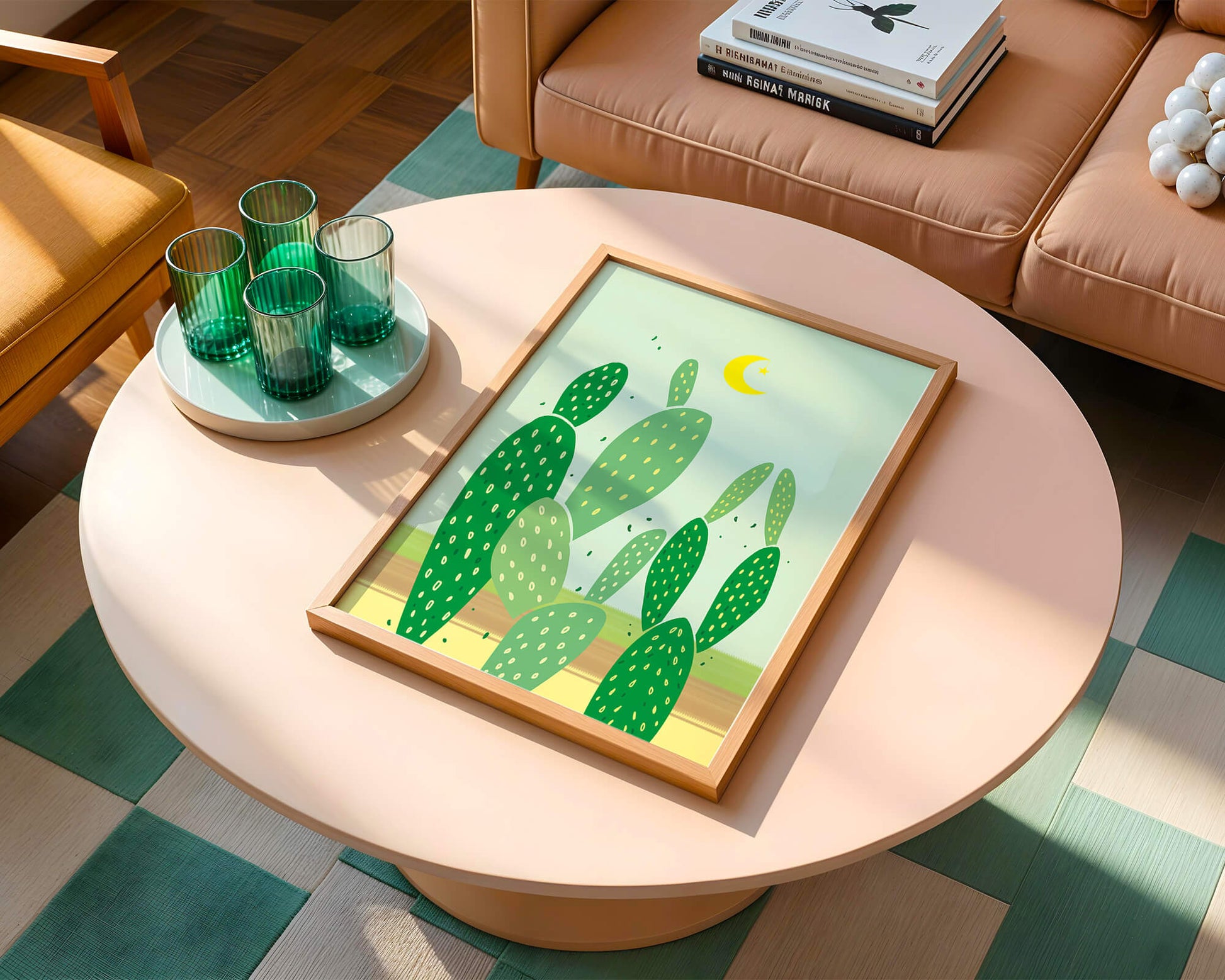Desert cactus illustration with crescent moon