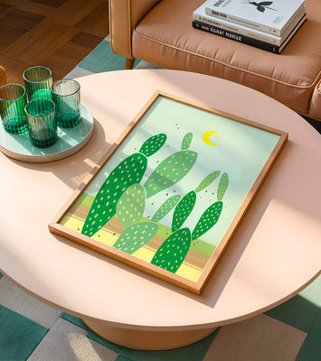 Desert cactus illustration with crescent moon