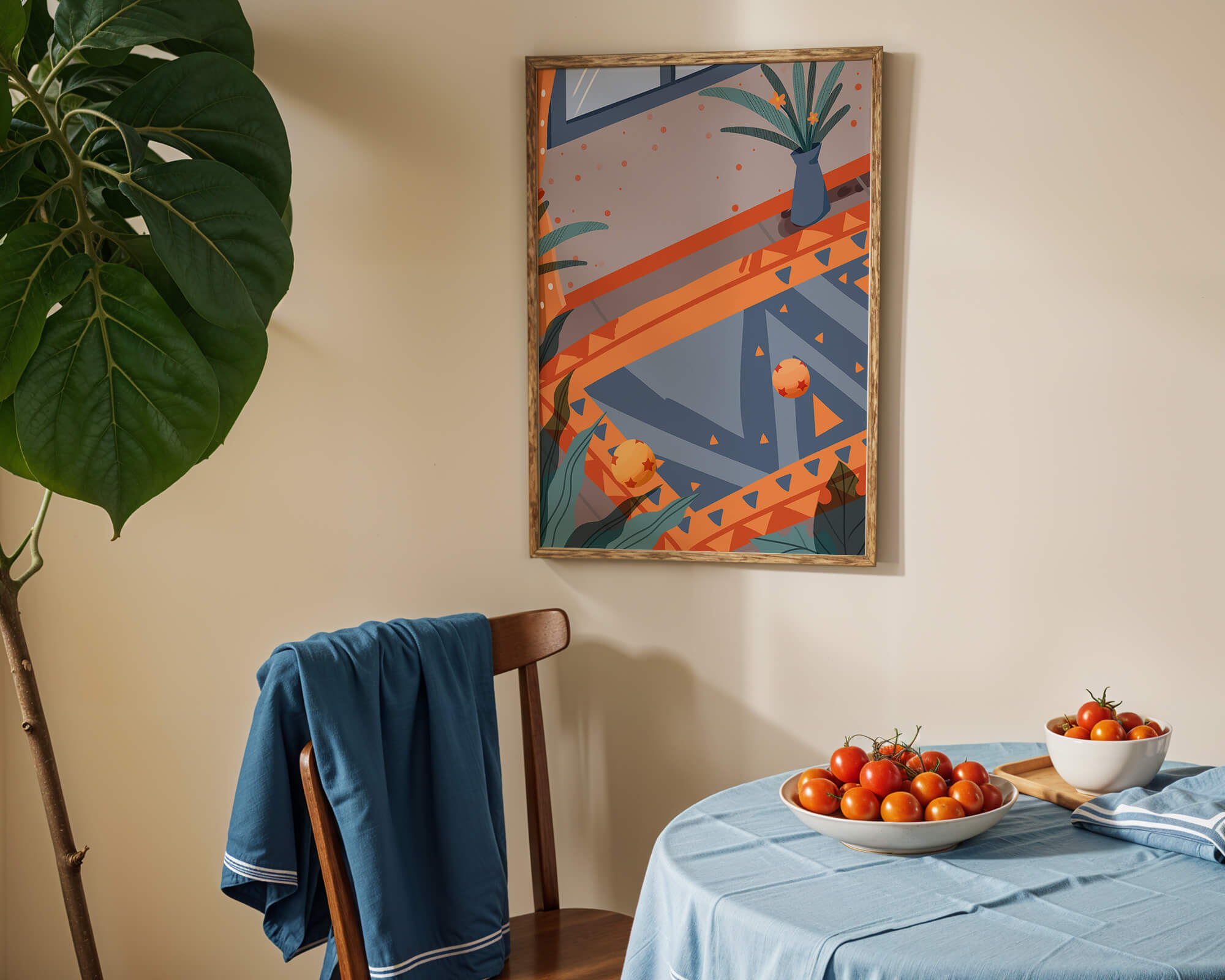 Modern interior with geometric patterns and vibrant colors
