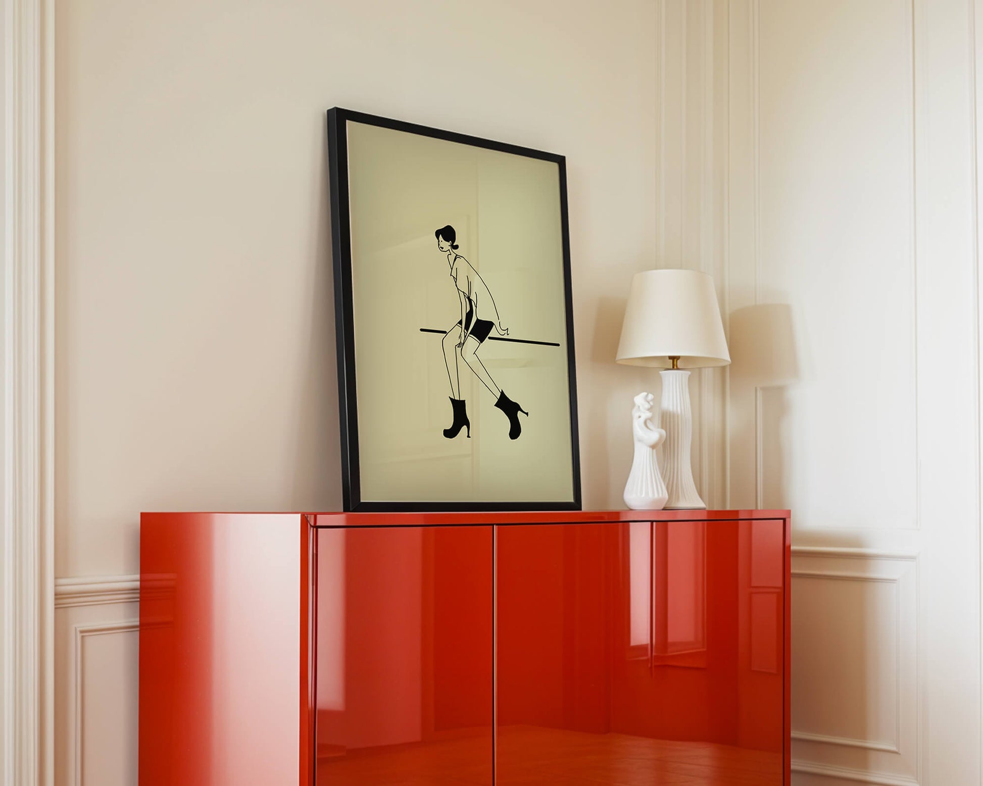 Schicke minimalistische Illustration einer sitzenden Frau in stylischen Stiefeln