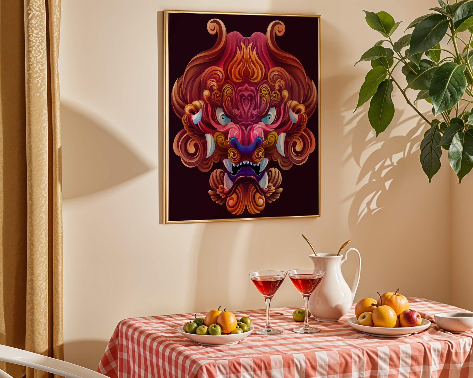 Intricate Colorful Dragon Face Illustration with Swirling Patterns