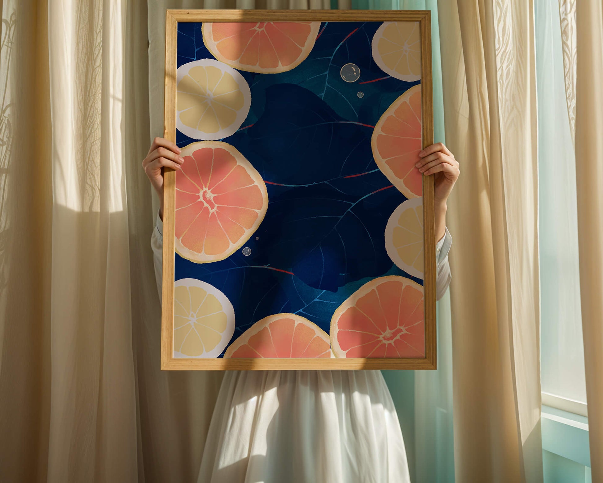 Frutas cítricas coloridas sobre fondo oscuro de hojas