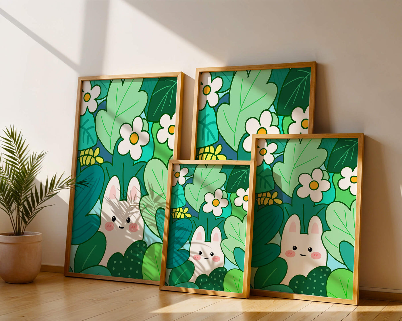 Illustration of a cute rabbit hidden among flowers and greenery