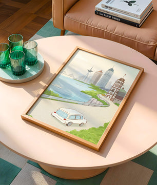 Scenic coastal cityscape with modern buildings and a classic clock tower