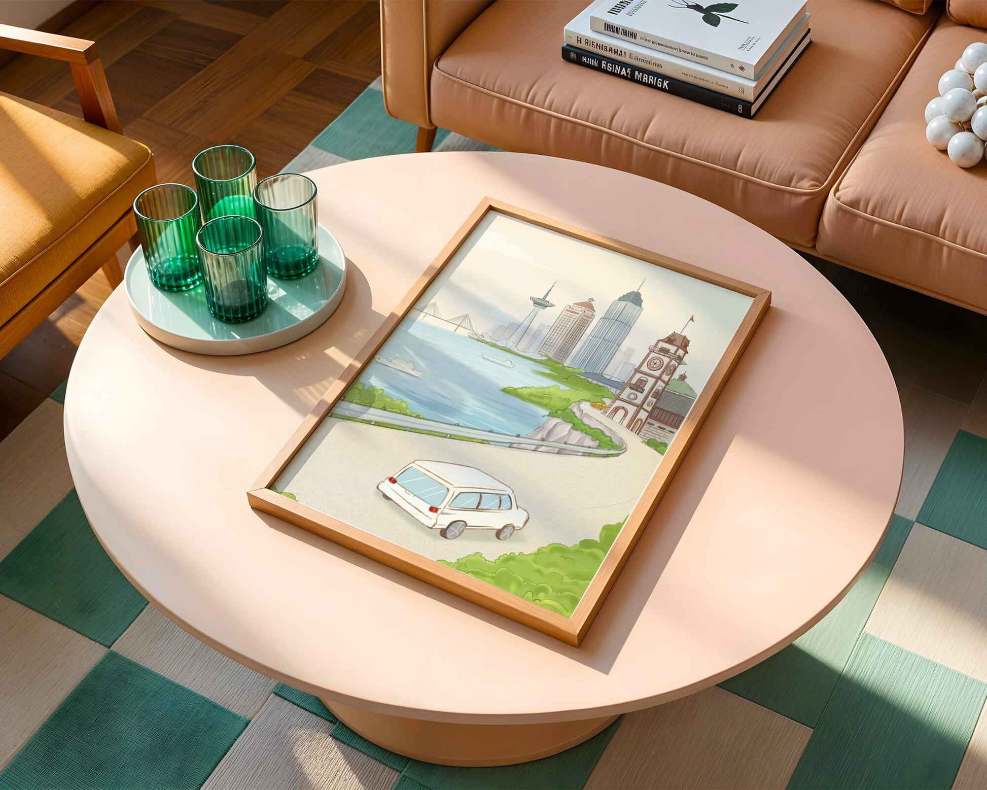 Scenic coastal cityscape with modern buildings and a classic clock tower