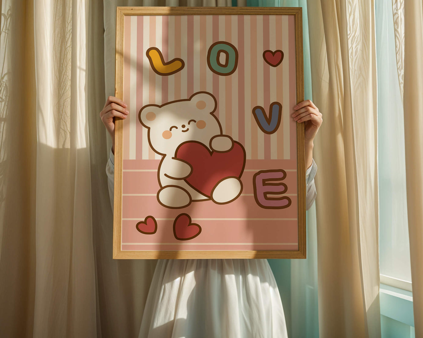 Adorable bear holding a heart in a playful love-themed illustration
