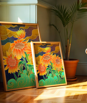 Vibrant sunflowers with intricate background patterns