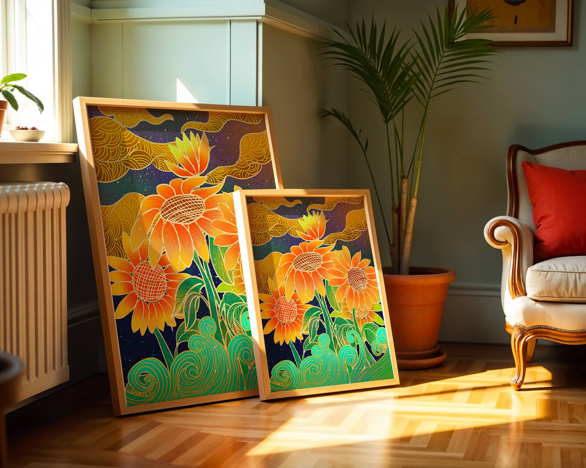 Vibrant sunflowers with intricate background patterns