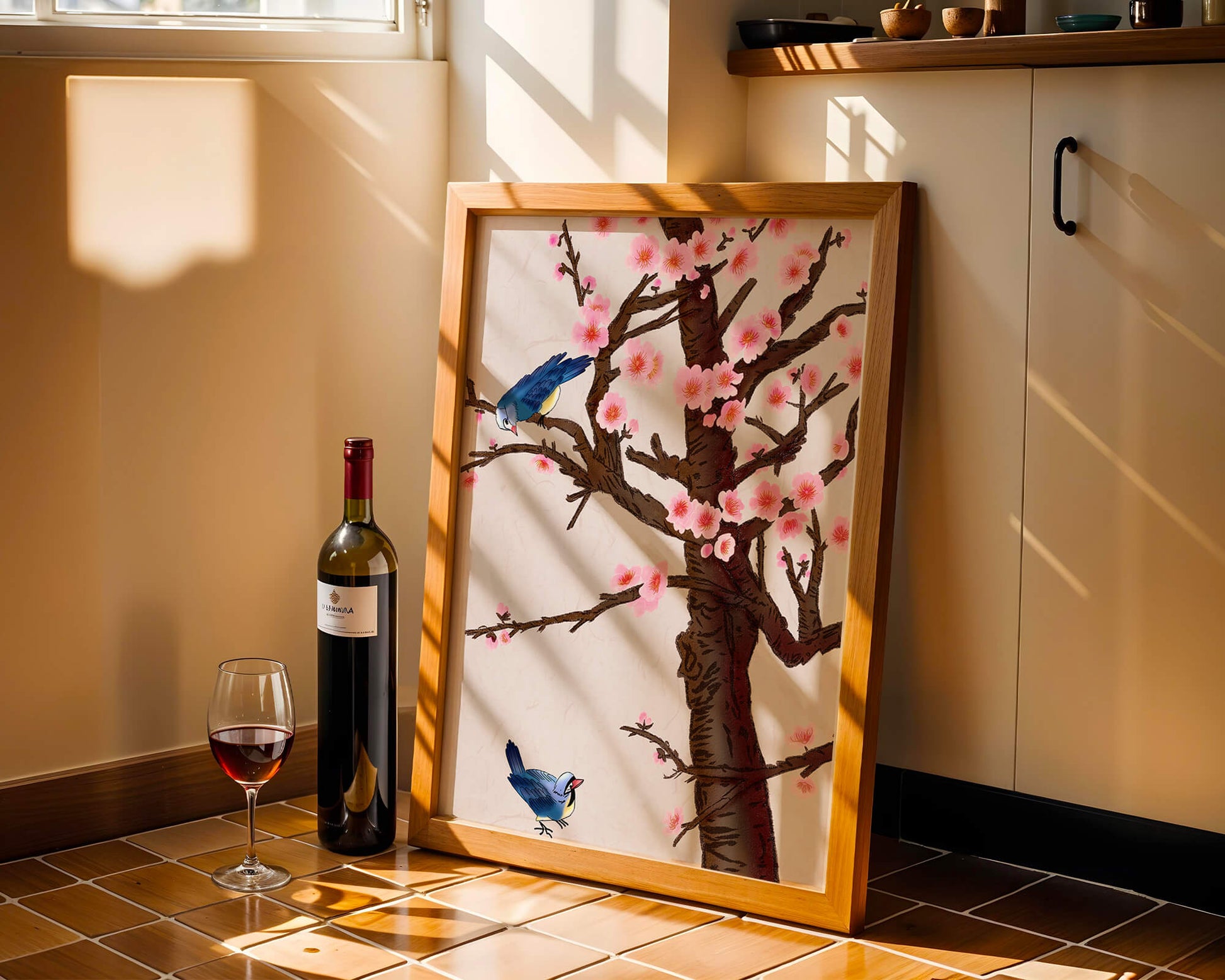 Charming illustration of cherry blossom tree with birds