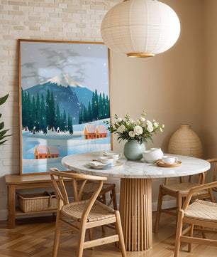 Winter Mountain Landscape with Snowy Cabins and Forest - Mi tienda