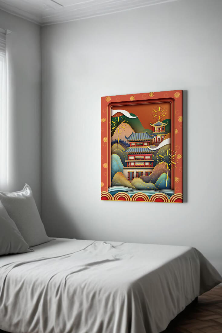 Traditional Asian architecture with fireworks and vibrant mountains