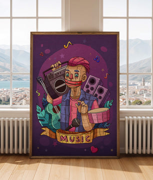 Illustration colorée sur le thème de la musique avec un personnage et des instruments